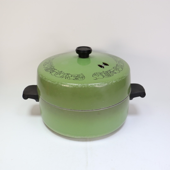 Vtg '70 Wear-Ever Registered Green Enamel 5 Qt. Pot Dutch Oven Vegetable Pattern - Picture 3 of 8